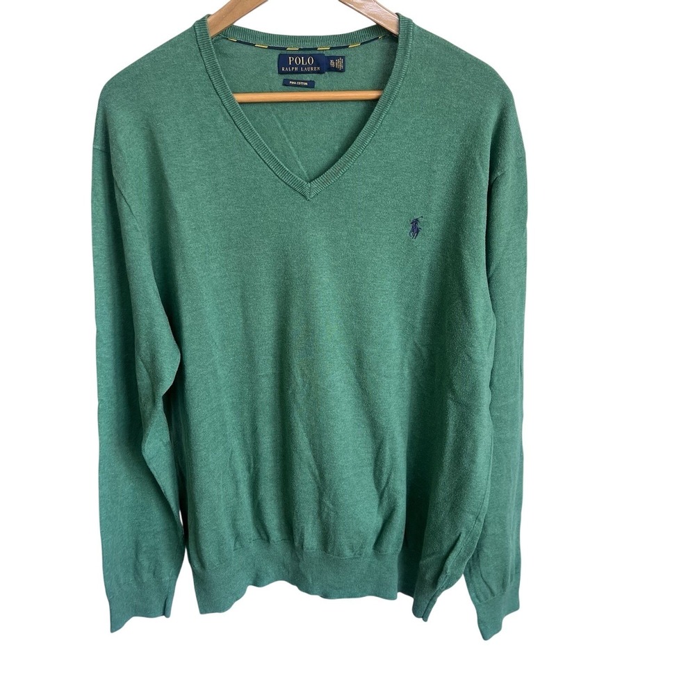 Polo Ralph Lauren Men's Pima V Neck Green Pullover Sweater Size XL Preppy